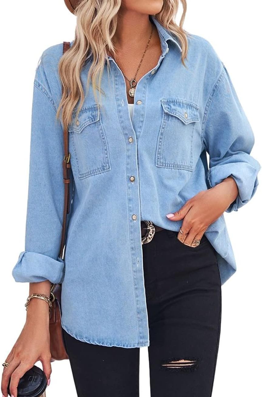 Chouyatou Women'S Spring Long Sleeve Denim Jean Shirts Button Down Shirt Business Casual Tops