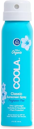 Coola Organic Sunscreen Spf 50 Sunblock Spray, Dermatologist Tested Skin Care For Daily Protection, Vegan And Gluten Free, Fragrance Free, 2 Fl Oz