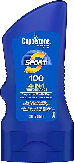 Coppertone Sport Sunscreen Spf 100 Lotion, Water Resistant Sunscreen, Body Travel Size 3 Fl Oz