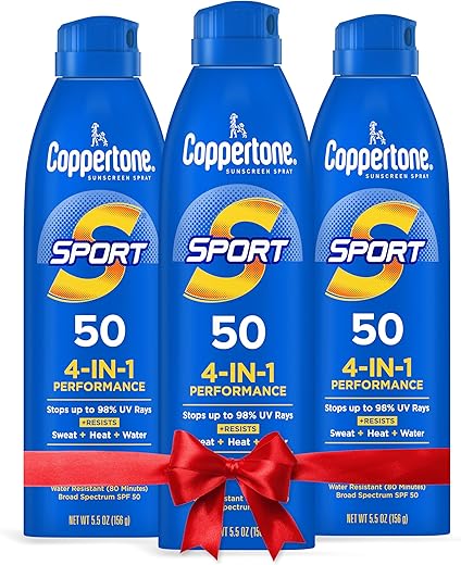 Coppertone Sport Sunscreen Spray Spf 50, Water Resistant Sunscreen For Body, Broad Spectrum Spray Sunscreen Spf 50, Bulk Sunscreen Pack For Holiday Gifts, 5.5 Oz Can, Pack Of 3