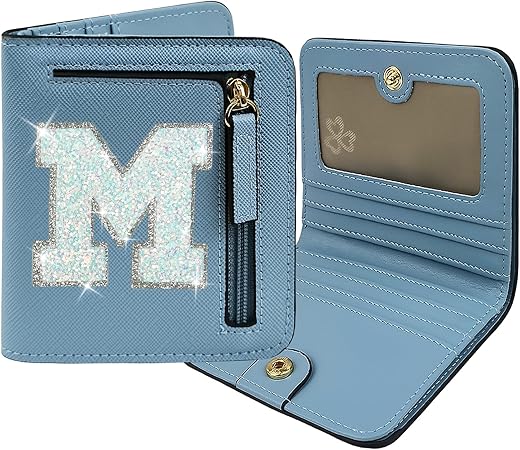 Coshaysoo Initial Rfid Wallet Small For Women Teenager Girl Travel Daily Essentials, Mini Bifold Wallet Slim Coin Purse With Zippered Pocket Preppy Letter Patch For Ladies Gift Blue M