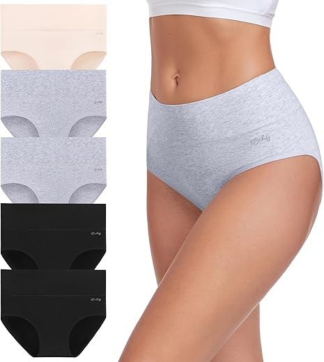 Coskefy Women'S High Waisted Cotton Underwear Soft Breathable Panties Stretch Briefs Seamless Ladies Panties 5 Pack