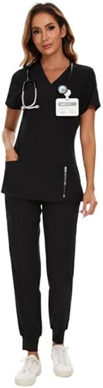 Cozyfit Scrubs For Women Set - Stretch V-Neck Scrub Top &Amp; Jogger Pant With 8 Pockets