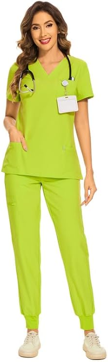 Cozyfit Scrubs For Women Set - Stretch V-Neck Scrub Top &Amp; Jogger Pant With 8 Pockets