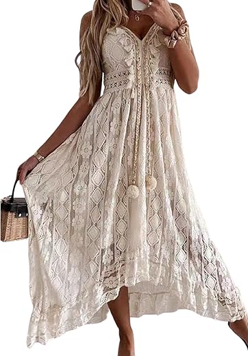 Cupshe Women'S Maxi Dress Lace Dresses Boho Tassel V-Neck Flare Ruffle Adjustable Straps Beach Summer Long Dress