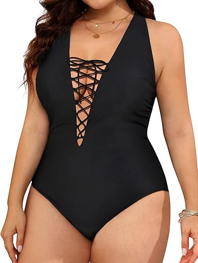 Daci Plus Size Plunge One Piece Swimsuits For Women Sexy Bathing Suits Lace Up Swimwear