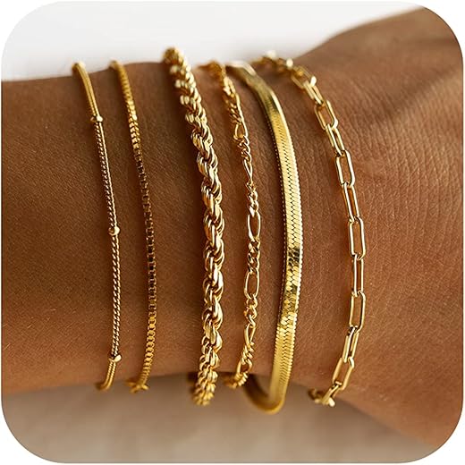 Dearmay Gold Bracelets For Women Waterproof, 14K Real Gold Jewelry Sets For Women Trendy Thin Dainty Stackable Cuban Link Paperclip Chain Bracelet Pack Fashion Accessories Gifts For Womens