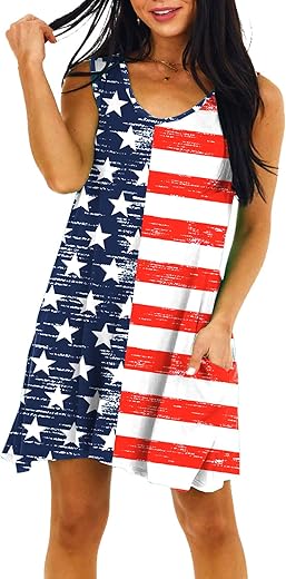 Deerose Women 4Th Of July Dress Sleeeveless Patriotic V Neck Dresses With Pockets