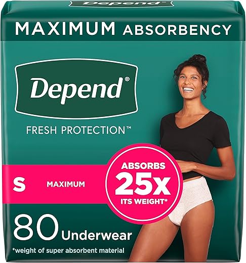 Depend Fresh Protection Adult Incontinence &Amp; Postpartum Bladder Leak Underwear For Women, Disposable, Maximum, Small, Blush, 80 Count (2 Packs Of 40), Packaging May Vary