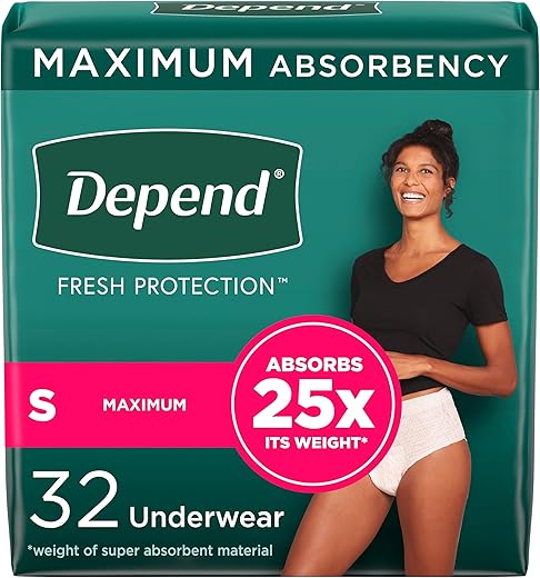 Depend Fresh Protection Adult Incontinence &Amp; Postpartum Bladder Leak Underwear For Women, Disposable, Maximum, Small, Blush, 32 Count, Packaging May Vary