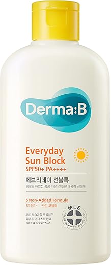 Derma B Everyday Sun Block Large Size Sunscreen Spf50+ Pa++++ 6.71 Fl Oz, 200Ml Fast-Absorbing Lightweight Spf Moisturizer, Facial Body Non-Sticky For Dewy Skin, Korean Protection Lotion