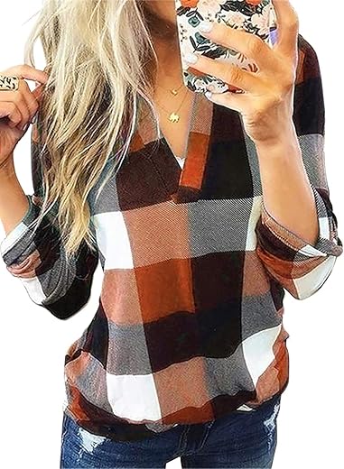 Dokotoo Womens Basic Casual V Neck Plaid Print Cotton Cuffed Long Sleeve Work Tops Blouses Shirts S-3Xl