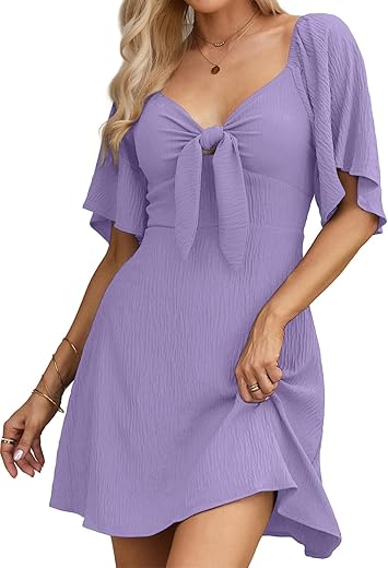 Dokotoo Womens Dresses 2024 Fall Summer Deep V Neck Elegant Bow Tie Mini Dress S-Xl