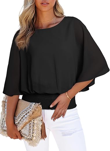 Dokotoo Womens Solid Short Sleeve Boat Crew Neck Chiffon Blouses 3/4 Sleeve Casual Dressy Shirts Batwing Dolman Top Tunic