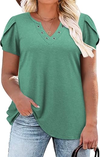 Dolnine Womens Plus Size Tops Basic Casual T-Shirts Ring Hole V Neck Petal Short Sleeve Tee Tunics