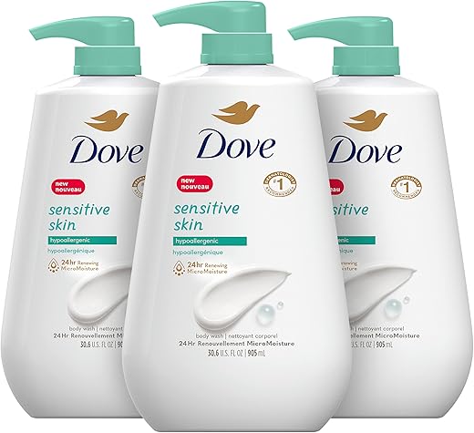 Dove Body Wash 3 Count With Pump Sensitive Skin Hypoallergenic, Paraben-Free, Sulfate-Free, Cruelty-Free, Moisturizing Skin Cleanser Effectively Washes Away Bacteria While Nourishing Skin 30.6 Oz