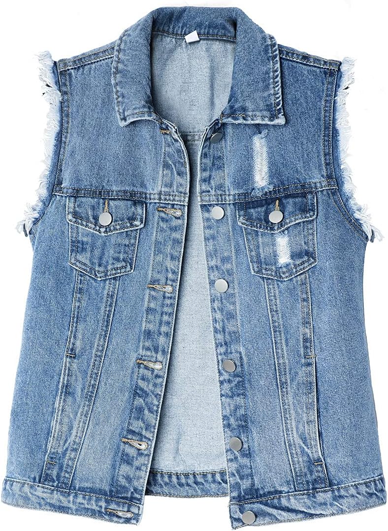 Ebossy Women'S Candy Color Slim Fit Sleeveless Distressed Denim Jean Vest Jacket