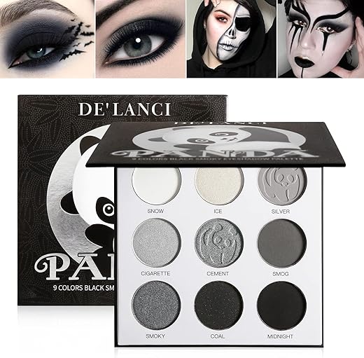 Ecofavor Black Smoky Eye Shadow Palette, De’lanci Panda 9 Colors True Black Dark Grey Smokey Goth Makeup Pallet, 9 Soft Matte Shimmer High Pigmented Basic Black White Gray Shade For Halloween