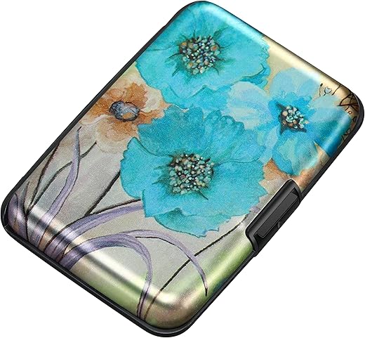 Elfish Mini Rfid Aluminum Wallet Credit Cards Holder Business Card Case Metal Id Case For Men Women(Blue Flower)