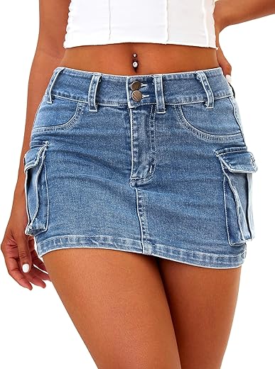 Elleven High Stretchy Cargo Skirt For Women, Low Waist Y2K Mini Skirt Cute Denim Skirt With Pockets