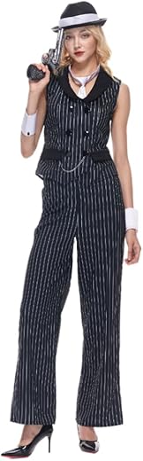 Eraspooky Women Gangster Costume Adult 1920S Pinstripe Suit, Include Sleeveless Jacket Pants Necktie Wristband Hat