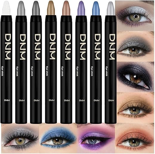 Evpct 8Pcs Cream Eye Shadow Brightener Sticks Set For Eyes, Pearl White Smokey Black Gray Khaki Royal Blue Violet Purple Silver Glitter Shimmer Liquid Pencil Eye Shadow Applicator Stick Palette Makeup