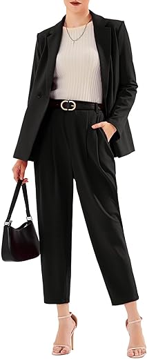 Exlura Women'S Business Blazer And High Elastic Waist Pant Suit Set Loose Fit Casual Fall Winter 2 Piece Suits For Work