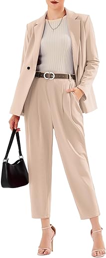 Exlura Women'S Business Blazer And High Elastic Waist Pant Suit Set Loose Fit Casual Fall Winter 2 Piece Suits For Work