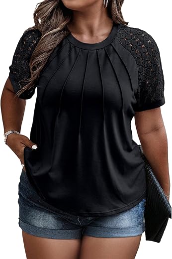 Eytino Plus Size Tops For Women Summer Lace Short Sleeve Crewneck Loose Casual Blouse Tunic T Shirts(1X-5X)