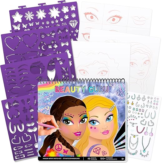 Fashion Angels Make-Up &Amp; Hair Design Sketch Portfolio (11452) Sketchbook For Beginners, Sketchbook With Stencils And Stickers For Ages 6 And Up