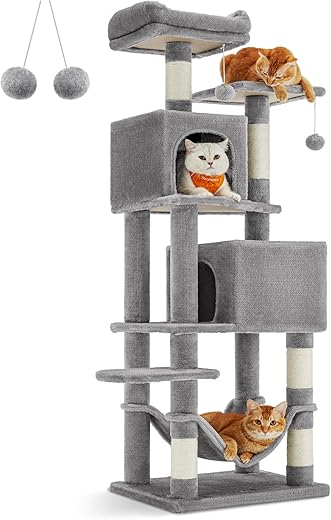 Feandrea Cat Tree, 61-Inch Cat Tower For Indoor Cats, Plush Multi-Level Cat Condo With 5 Scratching Posts, 2 Perches, 2 Caves, Hammock, 2 Pompoms, Light Gray Upct192W01