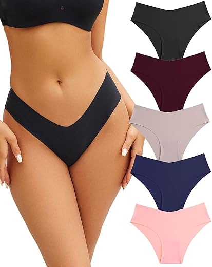 Finetoo Women’s Seamless Underwear Soft Stretch Briefs Invisibles Hipster V Cut Cheeky No Show Bikini Panties 5 Pack Xs-L