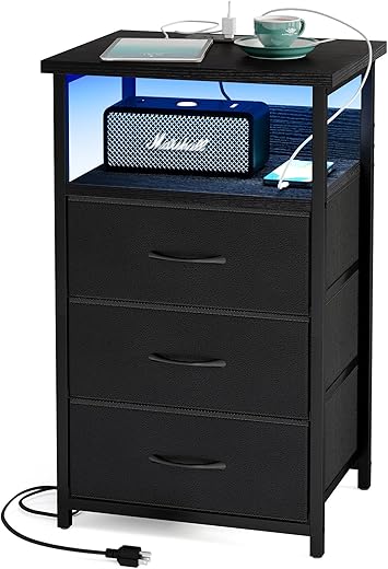 Fixwal Night Stand With Charging Station, Led Nightstand With U-S-B Ports And Outlets, 3 Fabric Storage Drawers With Pu Finish, Bedside Table, Black