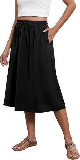 Flowy Skirt Midi Length Elastic High Waist A-Line Skirt With Pockets Bohemia For Women 2024 Trendy(S-2Xl)