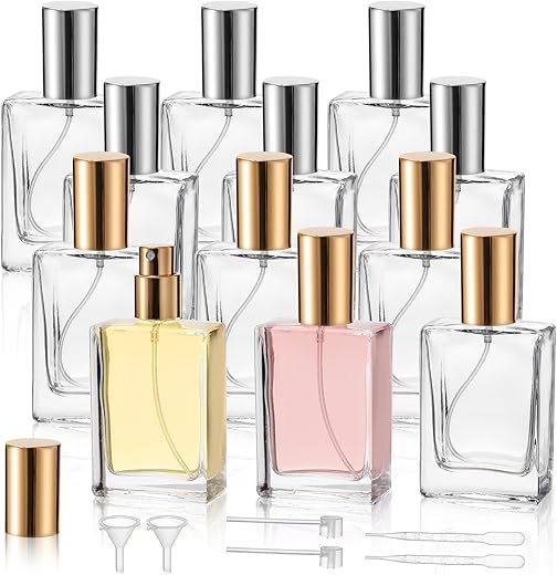 Foraineam 12 Pack 1 Oz / 30Ml Clear Glass Perfume Bottle, Refillable Empty Fine Mist Atomizer Spray Bottles, Portable Square Perfume Atomizer Bottles For Fragrance, Perfume, Lotion, Essential Oil