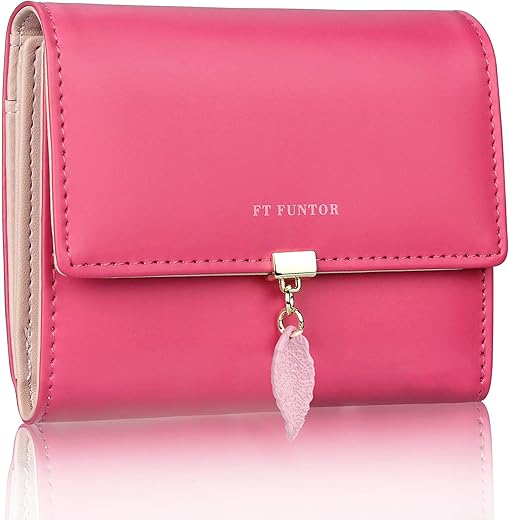 Ft Funtor Rfid Wallets For Women, Leaf Card Holder Trifold Ladies Wallets Coins Zipper Pocket With Id Window Small Rose Red