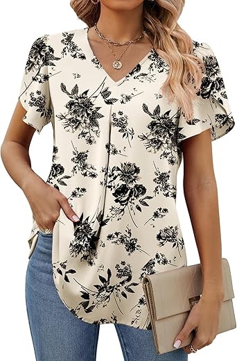 Funlingo Women'S Summer Tops Short Sleeve Dressy Chiffon Blouses V Neck Work Tunic Tops Casual Loose T-Shirts