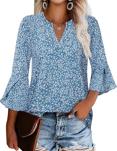 Gaharu Women'S Work Blouses Ruffle 3/4 Sleeve Dressy Top V Neck Casual Chiffon Tunic Blouses Business Shirts