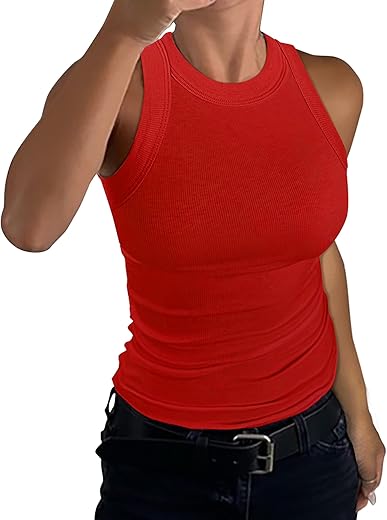 Gembera Womens Sleeveless Racerback High Neck Casual Basic Cotton Ribbed Fitted Tank Top