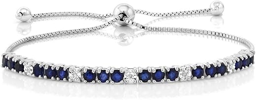 Gem Stone King 925 Sterling Silver Blue Sapphire And White Diamond Tennis Bracelet Jewelry For Women (2.05 Cttw, Gemstone Birthstone, Fully Adjustable Up To 9 Inch)