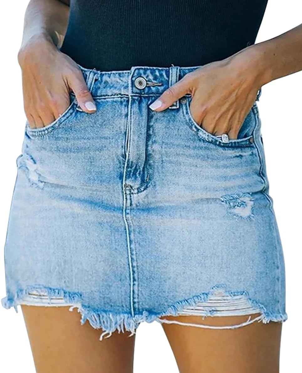 Gobles Women'S Sexy Mid Waist Zipper Closure Frayed Raw Hem Ripped Mini Denim Skirts