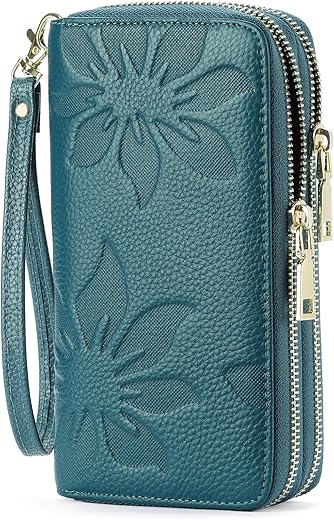 Goiacii Women'S Wallet Large Capacity Double Zip Around Credit Card Holder Leather Ladies Wallet With Rfid Blocking Phone Wristlet Purse Teal