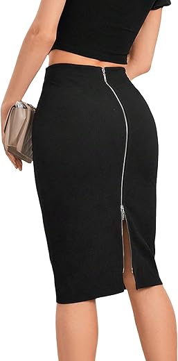 Gorglitter Women'S Full Length Back Zipper Pencil Skirt Slit High Waist Stretchy Knee Length Skirt