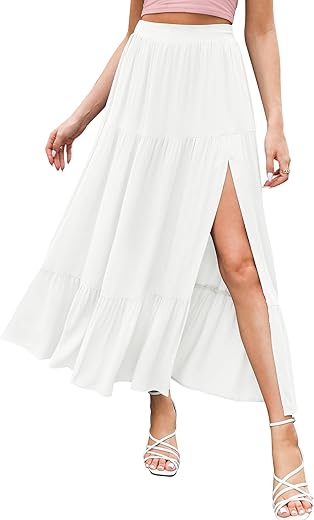 Haeof Women'S 2024 Summer High Waist Flowy Maxi Skirt High Slit A Line Beach Boho Long Skirts With Pockets