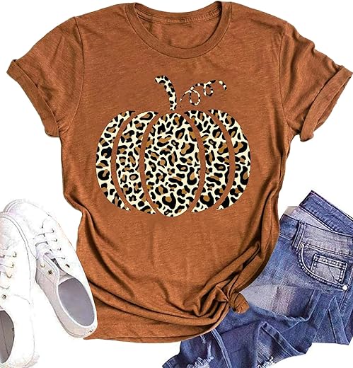 Halloween Pumpkin Shirt Women Leopard Graphic Tees Short Sleeve Fall T-Shirt Thanksgiving Gift Tops