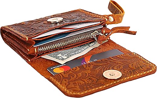 Handmade Wristlet Wallets For Women, Western Floral Leather Small Credit Card Holder With Zipper, Minimalist &Amp; Cute Coin Pouch, Genuine Leather, Camel