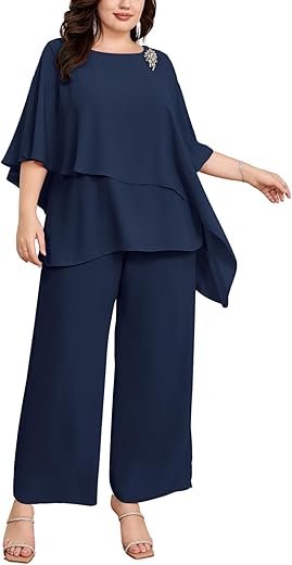 Hanna Nikole Plus Size Mother Of Bride Pant Suits 2 Piece Chiffon Sets Ruffle Layers Wedding Guest Outfit