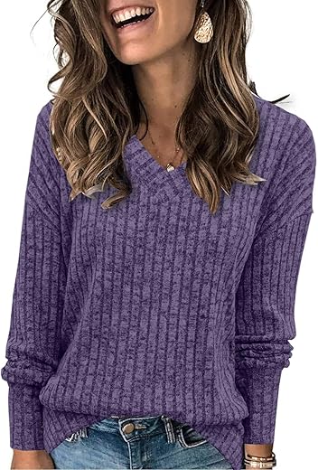 Heymiss Womens Sweatshirts V Neck Long Sleeve Shirts Loose Casual Fall Fashion Sweaters S-2Xl