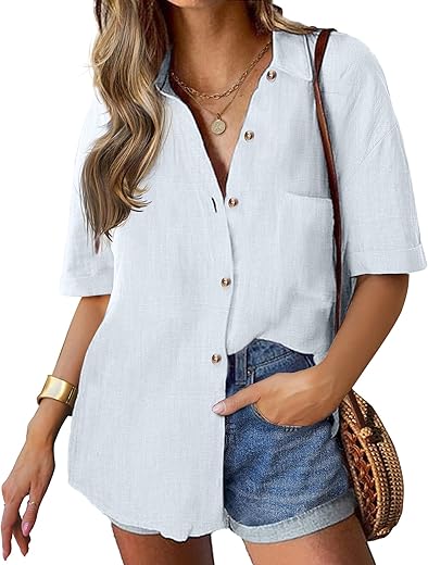 Hotouch Linen Shirts For Women Cotton Button Down Shirt Short Sleeve Loose Fit Collared Casual Work Blouse Tops S-Xxl