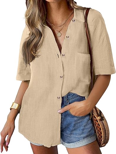 Hotouch Linen Shirts For Women Cotton Button Down Shirt Short Sleeve Loose Fit Collared Casual Work Blouse Tops S-Xxl